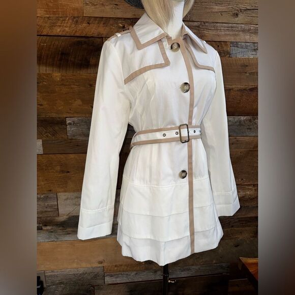 ✨GUESS White Trench Coat Jacket L | Belted Layered Hem | Contrast Trim | Lined - Picture 5 of 16